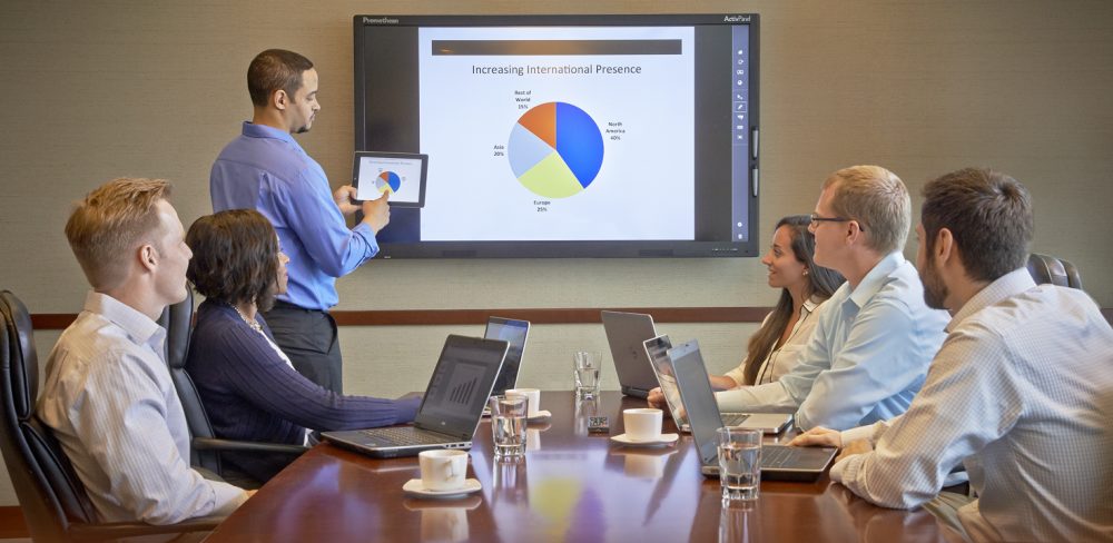 Promethean ActivPanel Businessmeeting with 6 people, where content from the tablet to the display are mirrored. A winning solution for your business, the Promethean ActivPanel Interactive Flat Panel combines the power of optical touch panel and multimedia connectivity to maximize your presentations