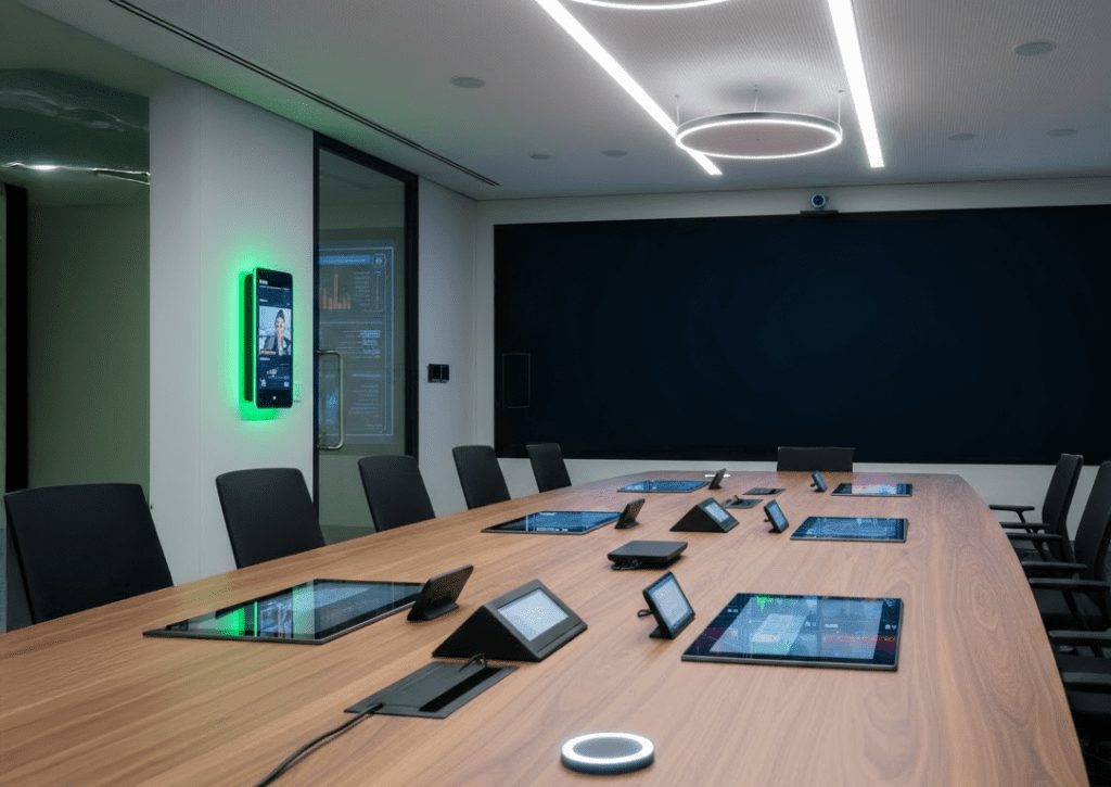 Meetingraum mit LED Wall, Tablet und Raumbuchung System