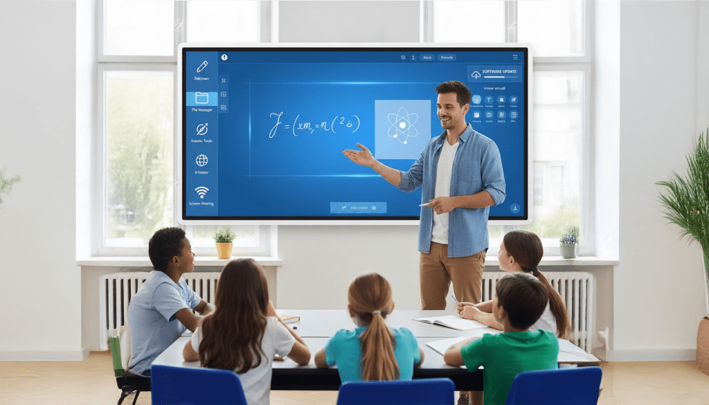 Lehrer zeigt interaktives Whiteboard in Schul Klasse