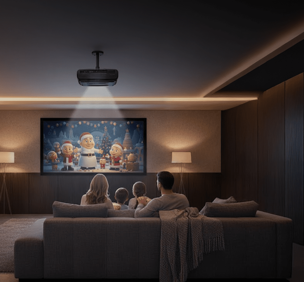 Familie schaut Laser-TV auf Heimkino Beamer Zuhause