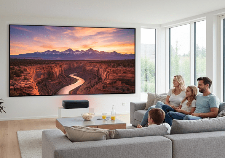 Familie schaut Laser-TV auf Heimkino Beamer Zuhause