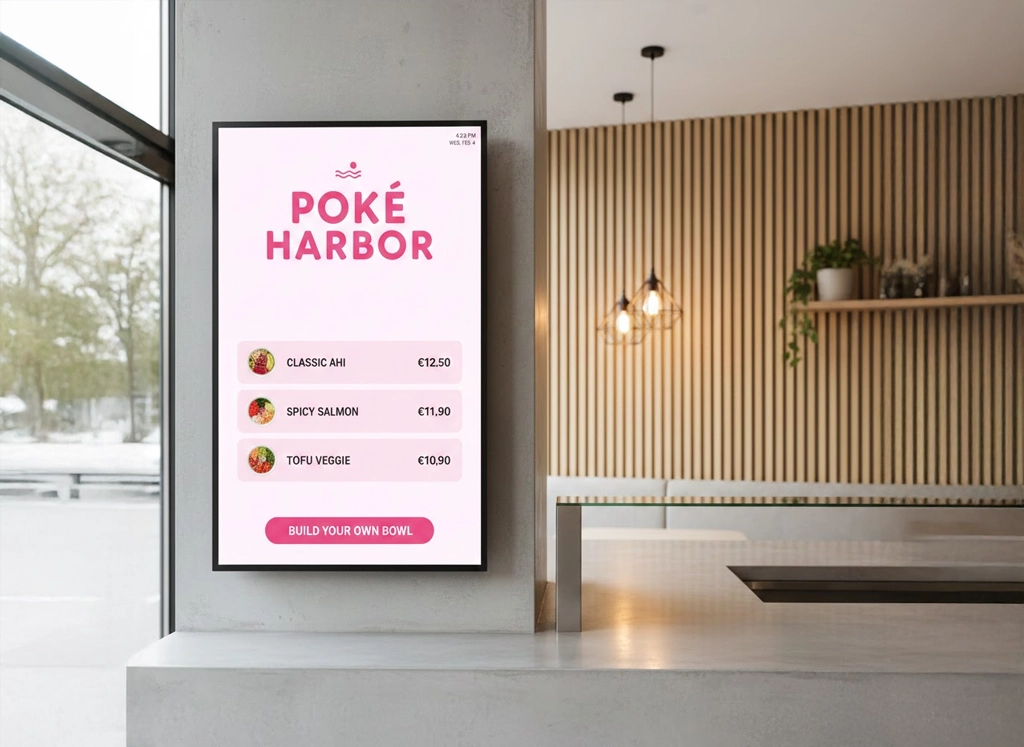 Signage Display mit Menü in Bowl Restaurant in Österreich von projektor.at