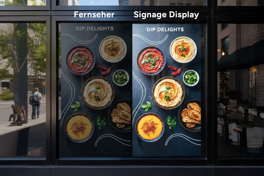 Fernseher vs Signage Display unterschied im Gastronomie Restaurant Schaufenster